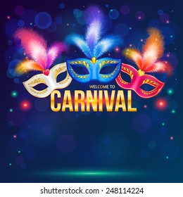 Bright carnival masks on dark blue background, vector flyer template. Mardi Gras