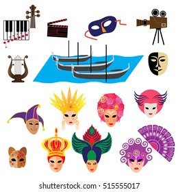 Bright carnival masks on white background, vector flyer template.