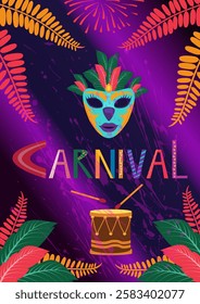 Bright carnival party flyer. Design for Mardi Gras. Decorative abstract vector illustration with carnival mask and drum on a lilac background. Music festival poster.