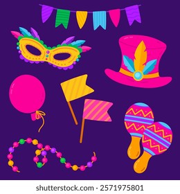 Bright carnival set with colorful mask, hat, maracas, beads, and flags on a purple background