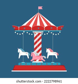 Bright carousel on blue background. Vector illustration with rotating merry-go-round with unicorns. 