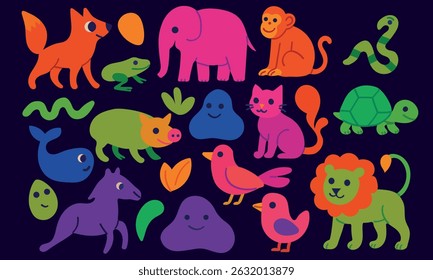 Bright cartoon animal set featuring pig, whale, frog, turtle, monkey, snake, cat, fox, horse, lion, birds and abstract blobs on dark background. Playful flat vector design with vivid contrasting color