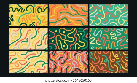 Fundo de desenho animado brilhante com OVNIs, alienígenas bonitos, satélites e estrelas em um cenário de espaço colorido. Ótimo para jogos de ficção científica, designs infantis ou arte digital cósmica.