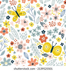 Bright cartoon background with flowers and butterflies in doodle style. Vector seamless pattern with flowers, leaves, branches and butterflies. Texture for home and children's textiles, decor