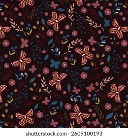 Bright cartoon background with flowers and butterflies in doodle style. Vector seamless pattern with flowers, leaves, branches and butterflies. Texture for home and children's textiles, decor
