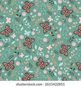 Bright cartoon background with flowers and butterflies in doodle style. Vector seamless pattern with flowers, leaves, branches and butterflies. Texture for home and children's textiles, decor
