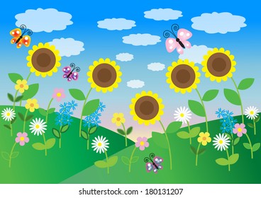 Bright cartoon background with flowers, clouds and butterflies for summer or spring design