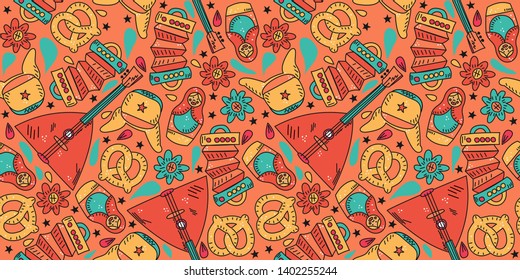 Bright cartoon background with national Russian symbols. Vector seamless pattern.