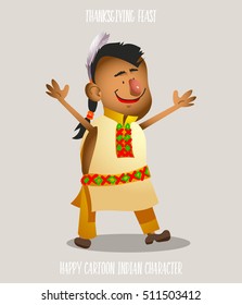 Bright cartoon banner on Thanksgiving Day, holiday in nature, camping. Joyful colorful character man Native American Indian
