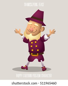 Bright cartoon banner on Thanksgiving Day, holiday in nature, camping. Joyful colorful character man in pilgrim hat with beard