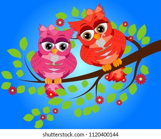 A bright, cartoon, beautiful, pink owl with a bow on the ear and a cup of coffee sits on a flowering tree branch