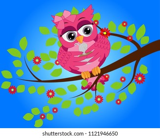 A bright, cartoon, beautiful, pink owl with a bow on the ear and a cup of coffee sits on a flowering tree branch
