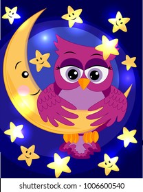 bright, cartoon, beautiful pink owl-girl with beautiful eyes keeps wings for a month among the stars