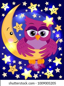 bright, cartoon, beautiful pink owl-girl with beautiful eyes keeps wings for a month among the stars