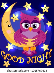 bright, cartoon, beautiful pink owl-girl with beautiful eyes keeps wings for a month among the stars. inscription Good night