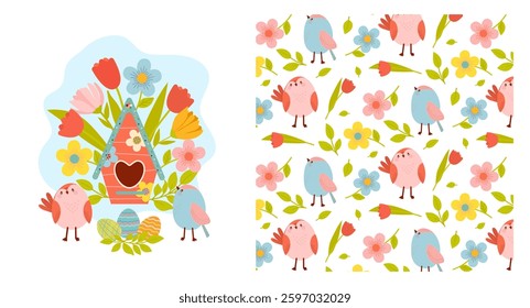 Bright cartoon birds, spring flowers around bird house. Vector seamless pattern, for fabric, wrapping paper, invitations