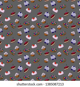 Bright cartoon cakes seamless pattern on a gray background