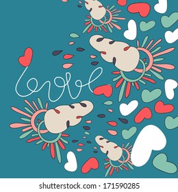 Bright cartoon card made of flowers rain, clouds, heart. Love card design vector illustration.Cartoon romantic composition. Lovely floral background. 