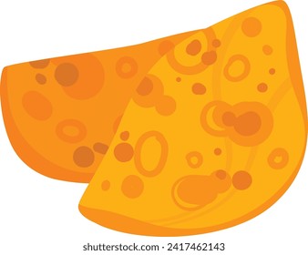 Bright cartoon cheese wedges with holes, delicious cheddar slices. Dairy food and cooking ingredients vector illustration.