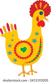 A bright cartoon chicken with a colored pattern on its body. Illustration on a transparent background. Print for fabric, T-shirt, tank top. Vector..