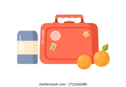 Bright cartoon childish lunch box storage case and bottle vector flat illustration. Colorful lunchbox with fruits, meal and beverage isolated on white background. Plastic container for carry snack