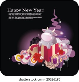 bright cartoon christmas background  with christmas attributes and symbol of new year