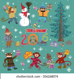 Bright cartoon Christmas card vector. Funny and smiling girls and boys monkey dancing around the Christmas tree. Winter holiday background with owl, cute snowman and gifts.