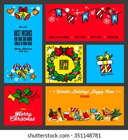 Bright cartoon Christmas cards, posters with doodles elements, signs, symbols, labels for a Merry Christmas and Happy New Year. Freehand, doodle elements: Christmas tree, deer, Santa Claus, presents 