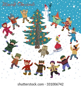 Bright cartoon Christmas, New Year Card in vector. Funny and smiling girls and boys dancing around the Christmas tree. Winter holiday background with owl, cute snowman and gifts in a bag on a sled
