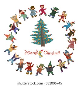 Bright cartoon Christmas New Year Card vector. Funny and smiling girls and boys dancing around the Christmas tree. Winter holiday background with bird and gifts.
