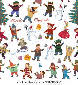 Bright, Cartoon Christmas New Year pattern with colorful fun girls and boys, and a Christmas tree, a snowman, gifts, snow falling, and an owl.