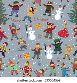 Bright, Cartoon Christmas New Year pattern with colorful fun girls and boys, and a Christmas tree, a snowman, gifts, snow falling, and an owl.