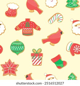 Bright cartoon Christmas sugar cookies seamless pattern. Holiday repeat design with gingerbread cookie - cute sock, cardinal bird, poinsettia flower, Christmas ornament, gift box.