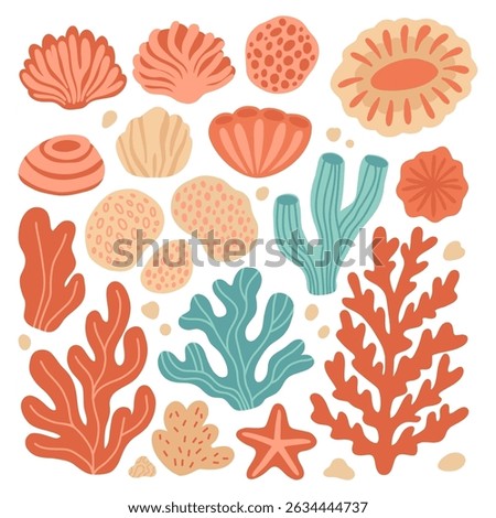 Bright cartoon collection of sea elements: coral reef plants, starfish, and shells. Perfect for marine concepts, kids designs, ocean nature visuals, and tropical underwater scenes