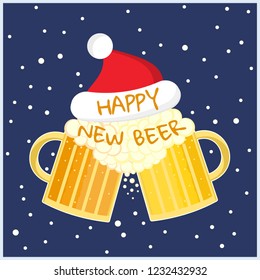 Bright cartoon colorful two beer glasses in christmas hat, toast cheers symbol. Toasting foamy ale pints with Happy New Beer text. Nice color winter holidays greeting card
