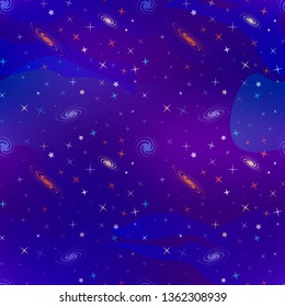 Bright cartoon deep space background with lots of colorful stars and galacticas, cosmos seamless pattern