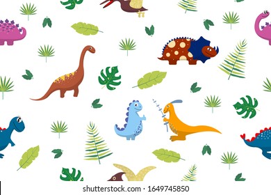 Bright cartoon dinosaurs and tropical plants, leaves on white background. Seamless pattern for textiles, baby clothes, clothes, interior