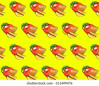 Bright cartoon drawing vector juicy mango background. Exotic fruit for diet, recipe, cafe, fitness menu, veganism, patters