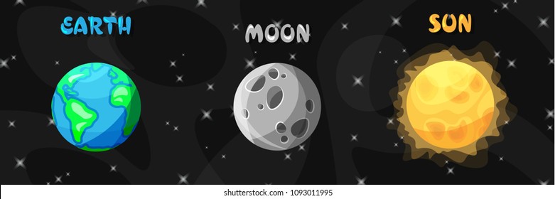 Bright cartoon earth, moon and sun on space background. Flat collection of heavenly bodies. Vector illustration.