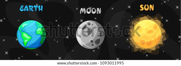 Bright cartoon\
earth, moon and sun on space background. Flat collection of\
heavenly bodies. Vector\
illustration.