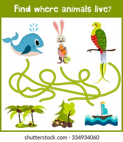 Bright cartoon educational puzzle game for children of preschool and school ages. Where to find what animals live in the sea whale, forest Bunny, and a bird from the tropics. Vector illustration