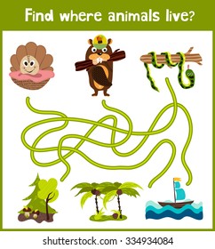 Bright cartoon educational puzzle game for children of preschool and school ages. Where to find what animals live seashell, beaver forest and tropical snake Anaconda. Vector illustration