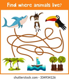 Bright cartoon educational puzzle game for children of preschool and school ages. Where to find what animals live sea shark, homemade donkey and bird Toucan. Vector illustration