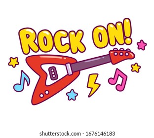 Bright cartoon electric guitar drawing with cool comic style music notes and stars and text Rock On! Simple cute rock-n-roll music vector illustration in hand drawn doodle style.