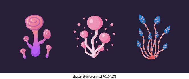 Bright cartoon fantasy mushroom set isolated on a dark background.