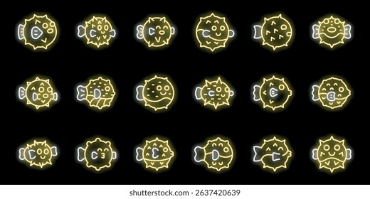Bright cartoon fish emoticons displaying diverse emotions on a black background