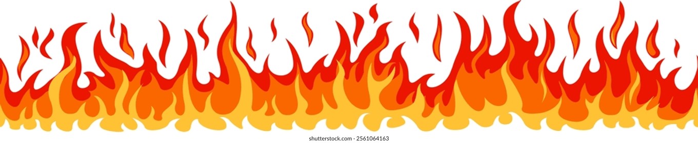 Bright cartoon flames creating a seamless horizontal band of fire, radiating vibrant shades of orange, red, and yellow, perfect for backgrounds and decorative design elements