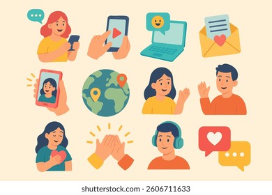Bright cartoon flat icons for chatting, location sharing, video calls, and emotional digital messages.