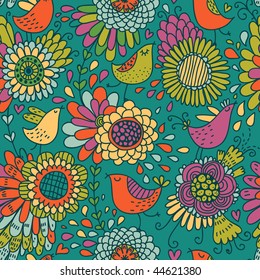 Dibujo brillante patrón floral sin fisuras con aves