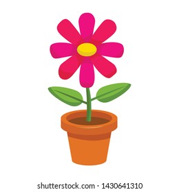 Bright cartoon flower in the pot in flat style isolated on white background. Vector illustration. 